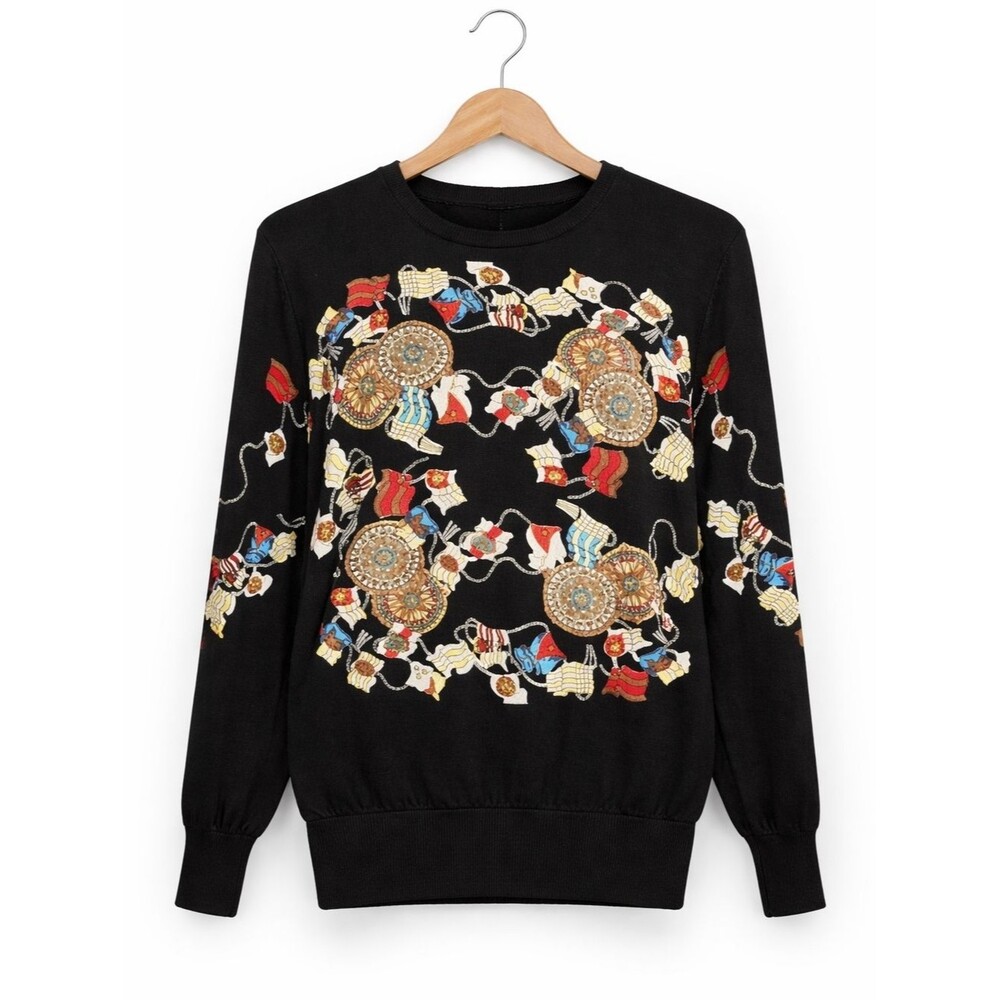 Vintage Unique Black Ornate Colorful Scarf Print Hermes Style Pullover Sweater